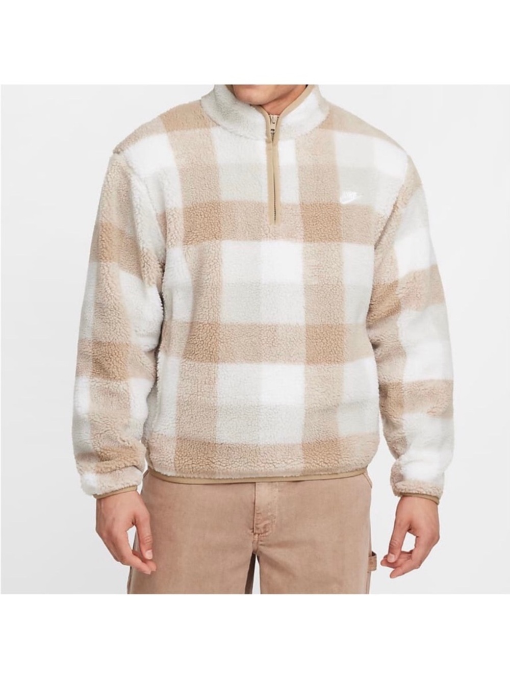 NIKE WINTERISED HALF ZIP PLAID PILE FLEECE SPORTSWEAR S BEIGE KHAKI s